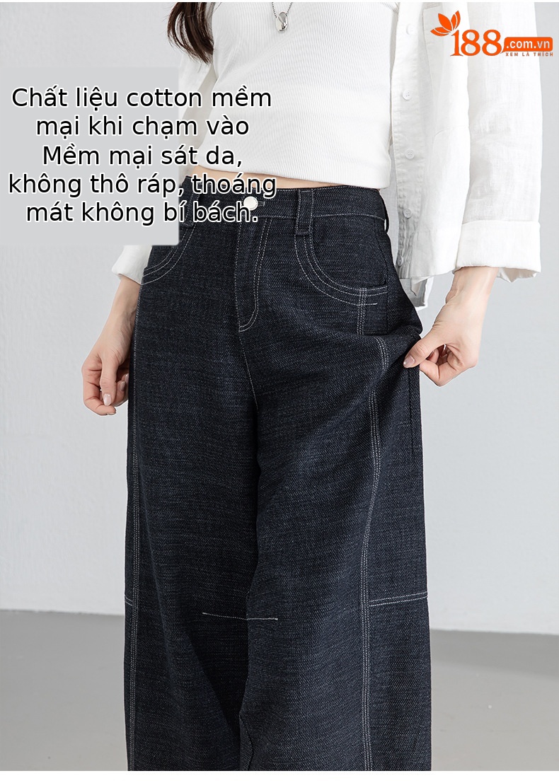 Quần jean nữ ống rộng eo cao vải linen mát mẻ phong cách cổ điển — xanh lam chi tiết 7