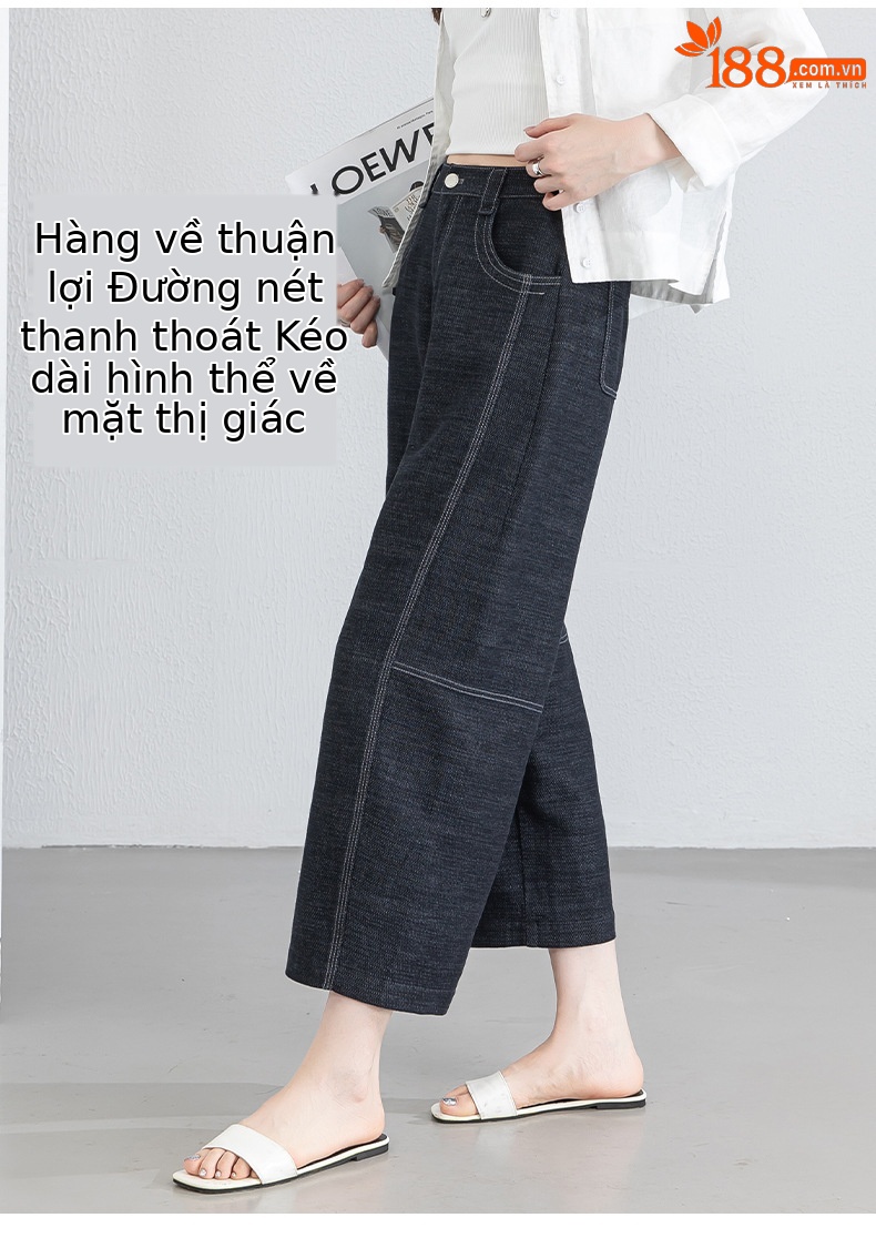 Quần jean nữ ống rộng eo cao vải linen mát mẻ phong cách cổ điển — xanh lam chi tiết 8