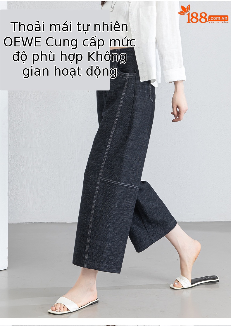Quần jean nữ ống rộng eo cao vải linen mát mẻ phong cách cổ điển — xanh lam chi tiết 9