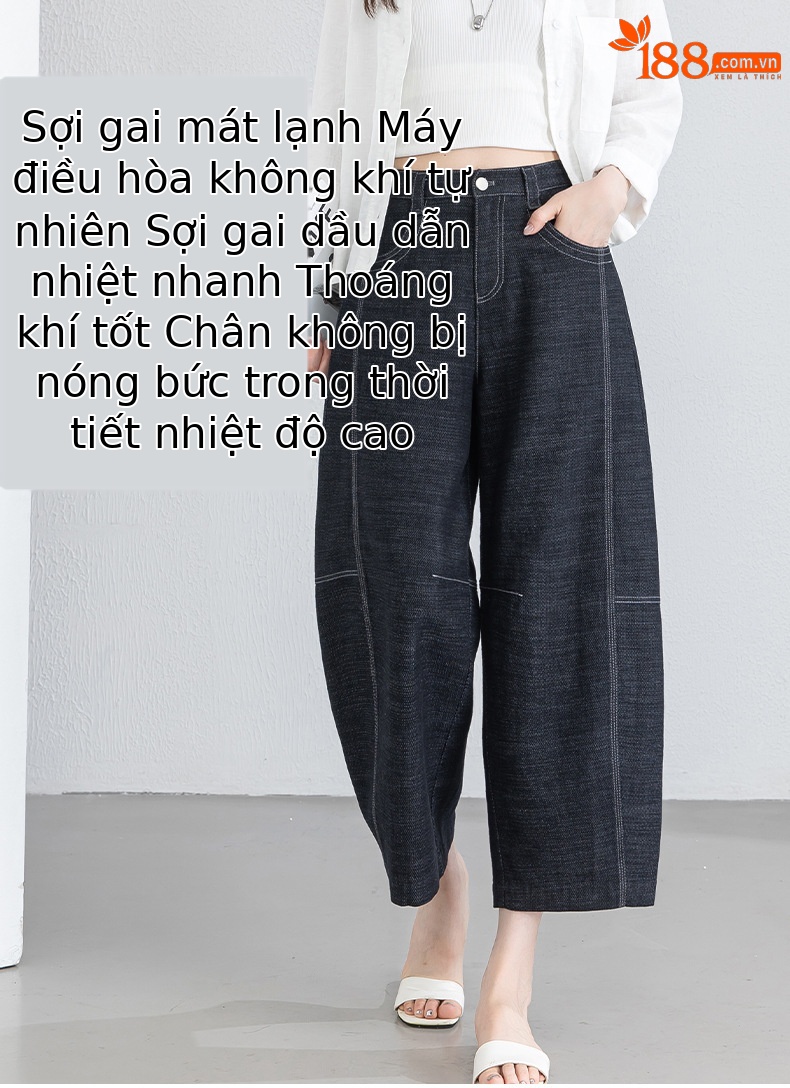 Quần jean nữ ống rộng eo cao vải linen mát mẻ phong cách cổ điển — xanh lam chi tiết 10