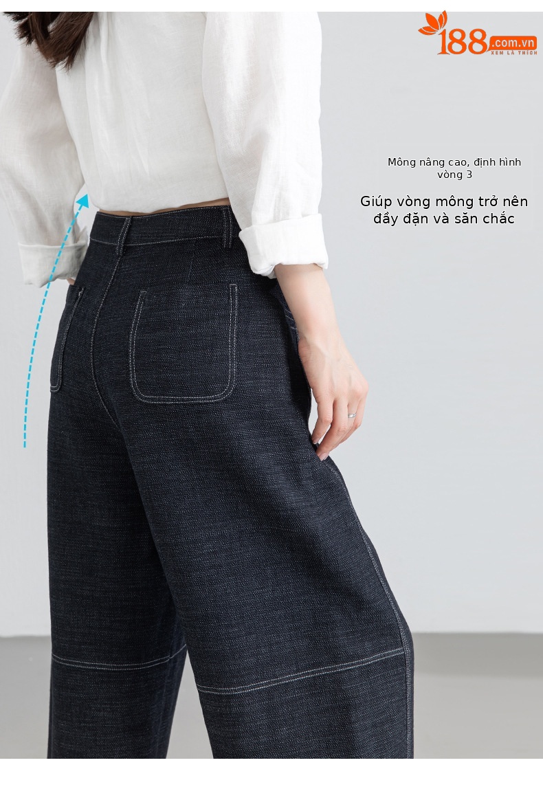 Quần jean nữ ống rộng eo cao vải linen mát mẻ phong cách cổ điển — xanh lam chi tiết 11