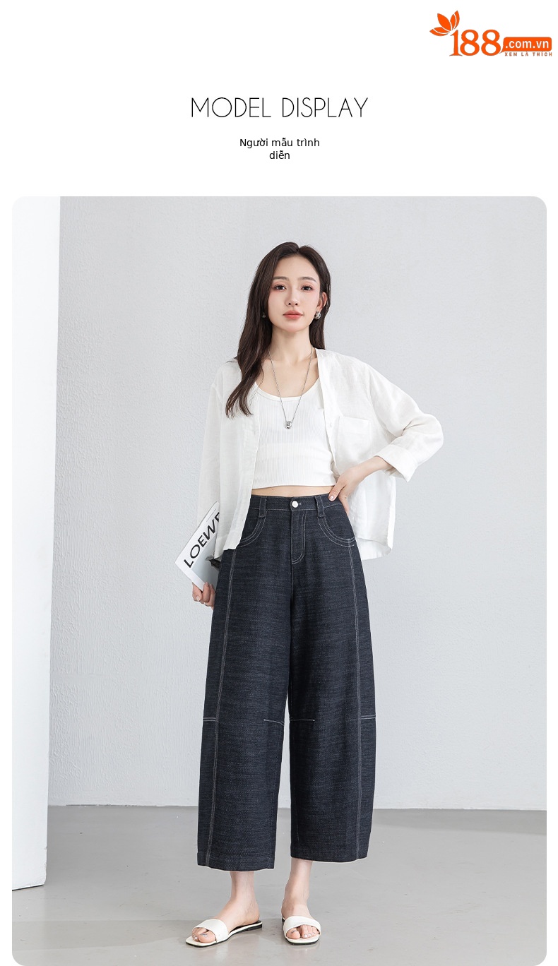 Quần jean nữ ống rộng eo cao vải linen mát mẻ phong cách cổ điển — xanh lam chi tiết 16