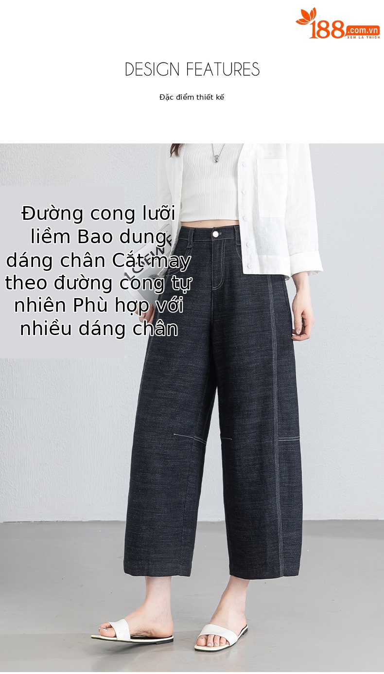 Quần jean nữ ống rộng eo cao vải linen mát mẻ phong cách cổ điển — xanh lam chi tiết 5