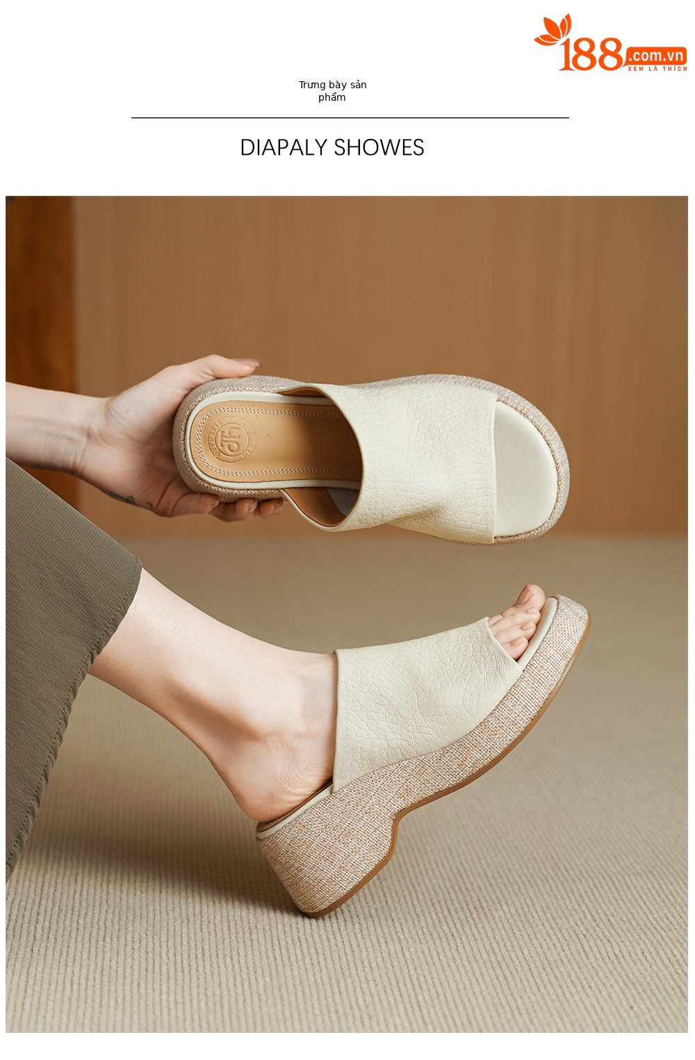 Sandal nữ da cừu gót xuồng hở mũi quai ngang đế dày — Xám voi chi tiết 5
