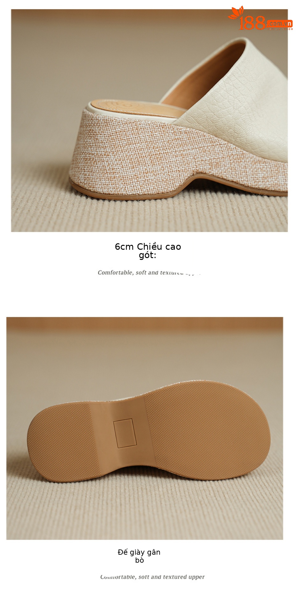 Sandal nữ da cừu gót xuồng hở mũi quai ngang đế dày — Xám voi chi tiết 15