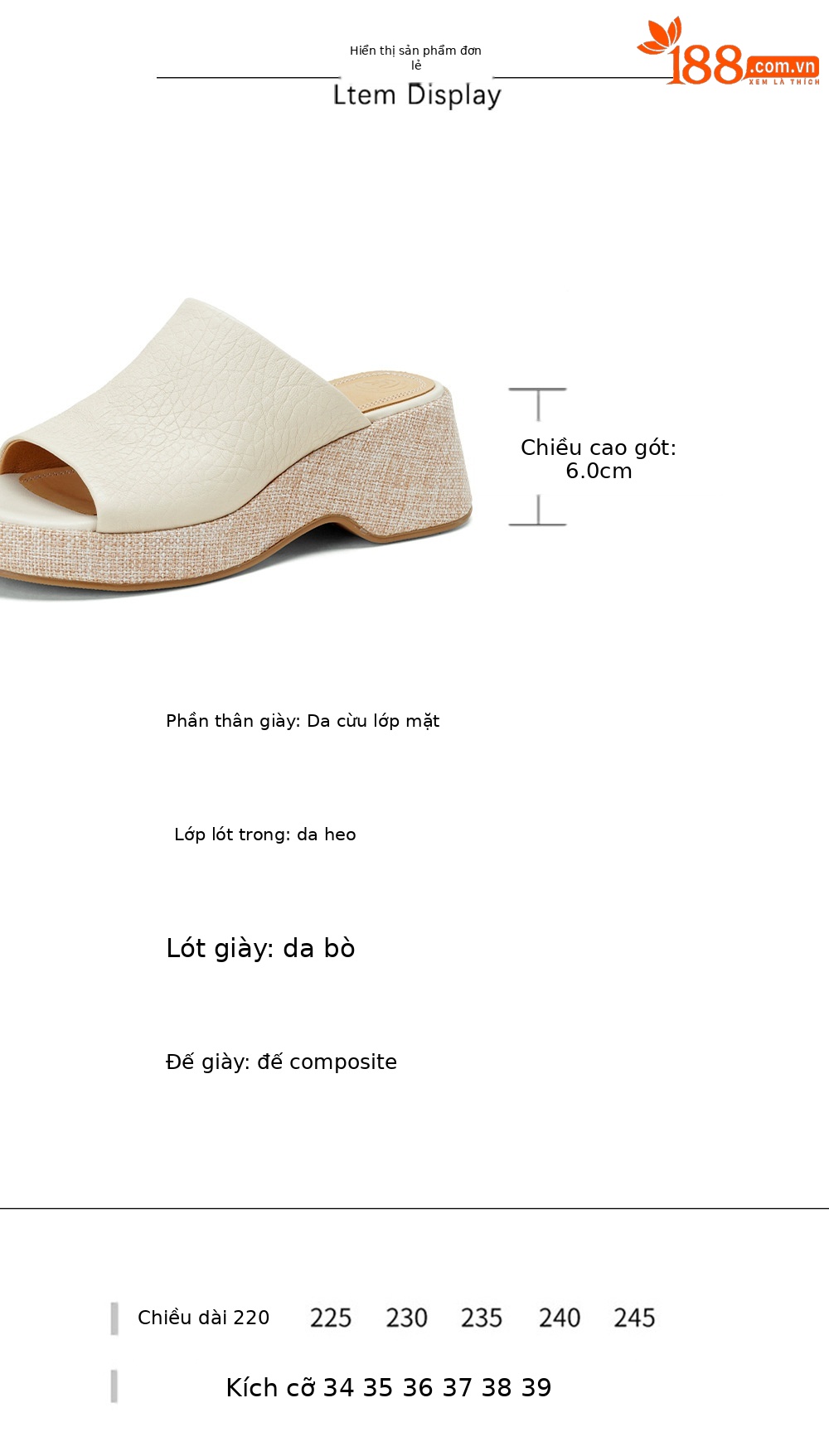 Sandal nữ da cừu gót xuồng hở mũi quai ngang đế dày — Xám voi chi tiết 3