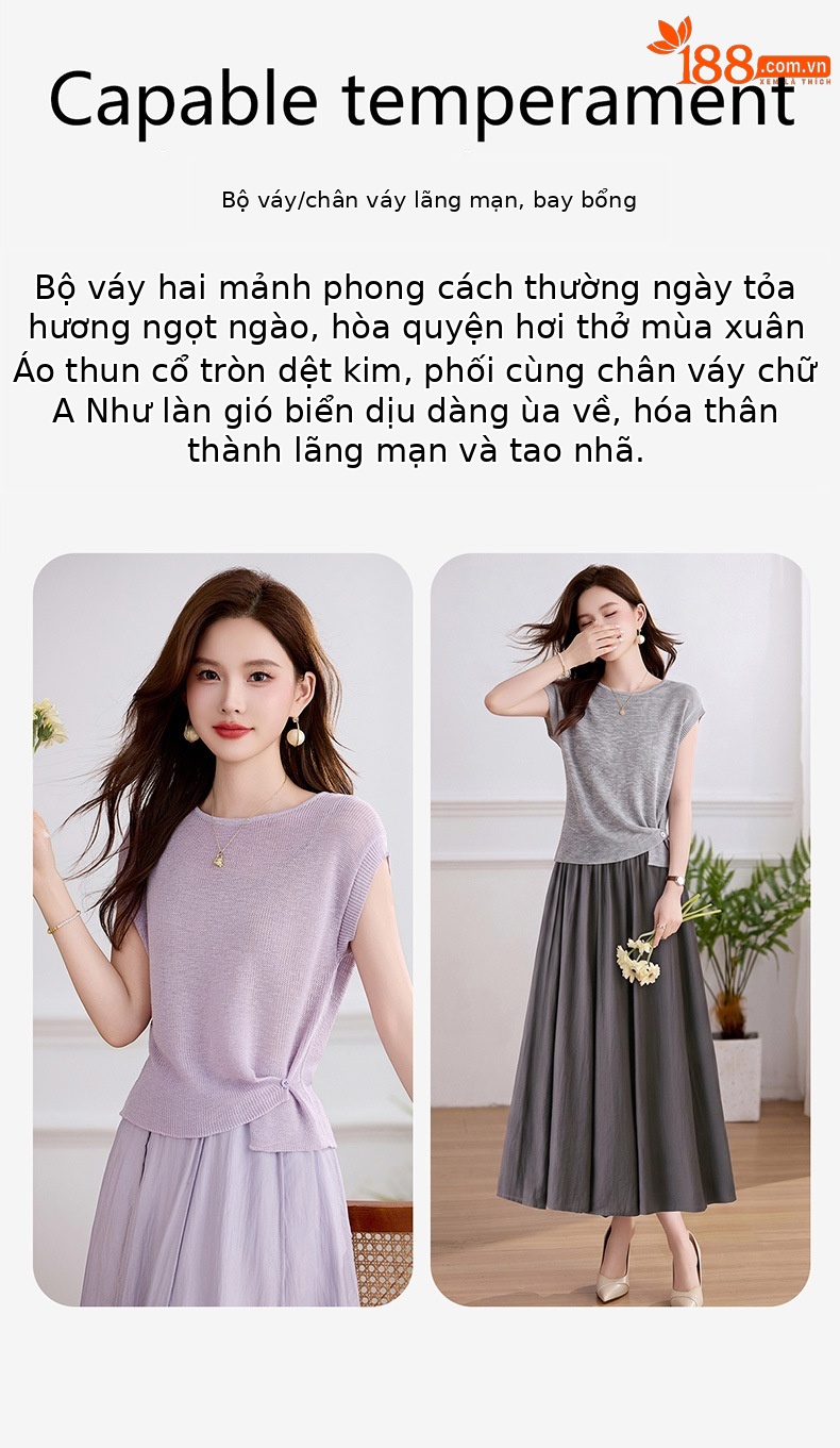 Bộ váy hai mảnh tay ngắn phối chân váy midi thời trang hè 2026 — màu tím, màu xám chi tiết 2
