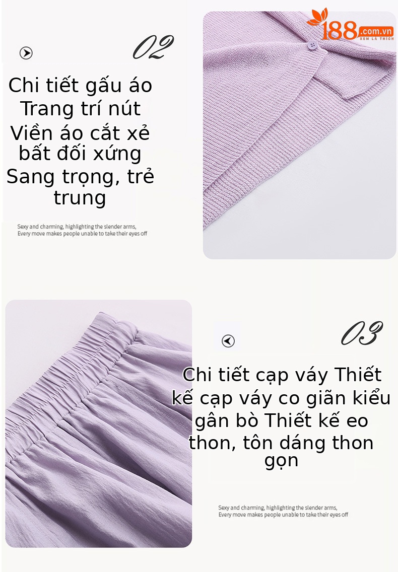 Bộ váy hai mảnh tay ngắn phối chân váy midi thời trang hè 2026 — màu tím, màu xám chi tiết 7