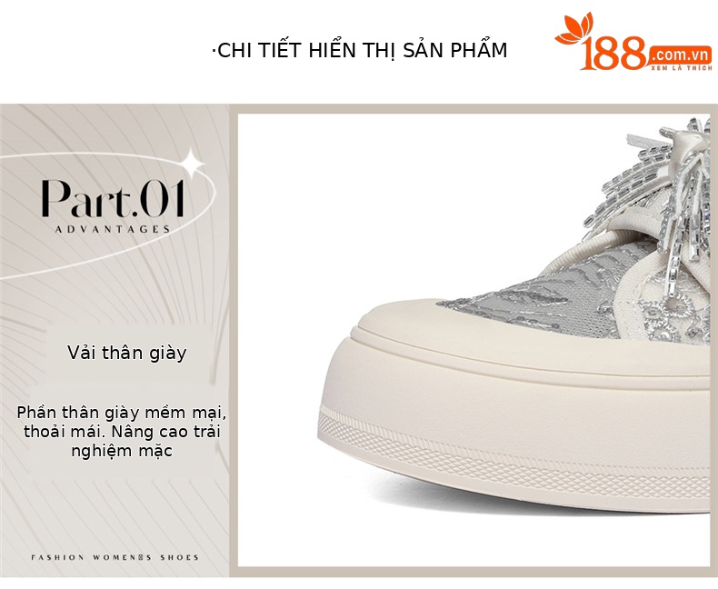 Giày sneaker nữ đế dày lưới phối kim tuyến – phong cách thể thao thời trang — 6142 Bạc, 6142 Màu be chi tiết 5