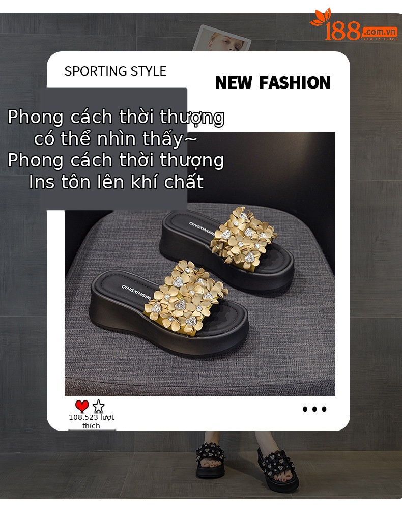 Dép sandal nữ quai chữ V đế dày thời trang — Đen 5076, Vàng 5076 chi tiết 3