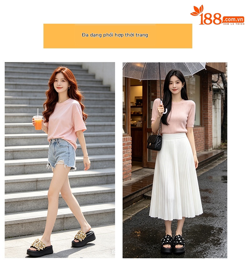 Dép sandal nữ quai chữ V đế dày thời trang — Đen 5076, Vàng 5076 chi tiết 6