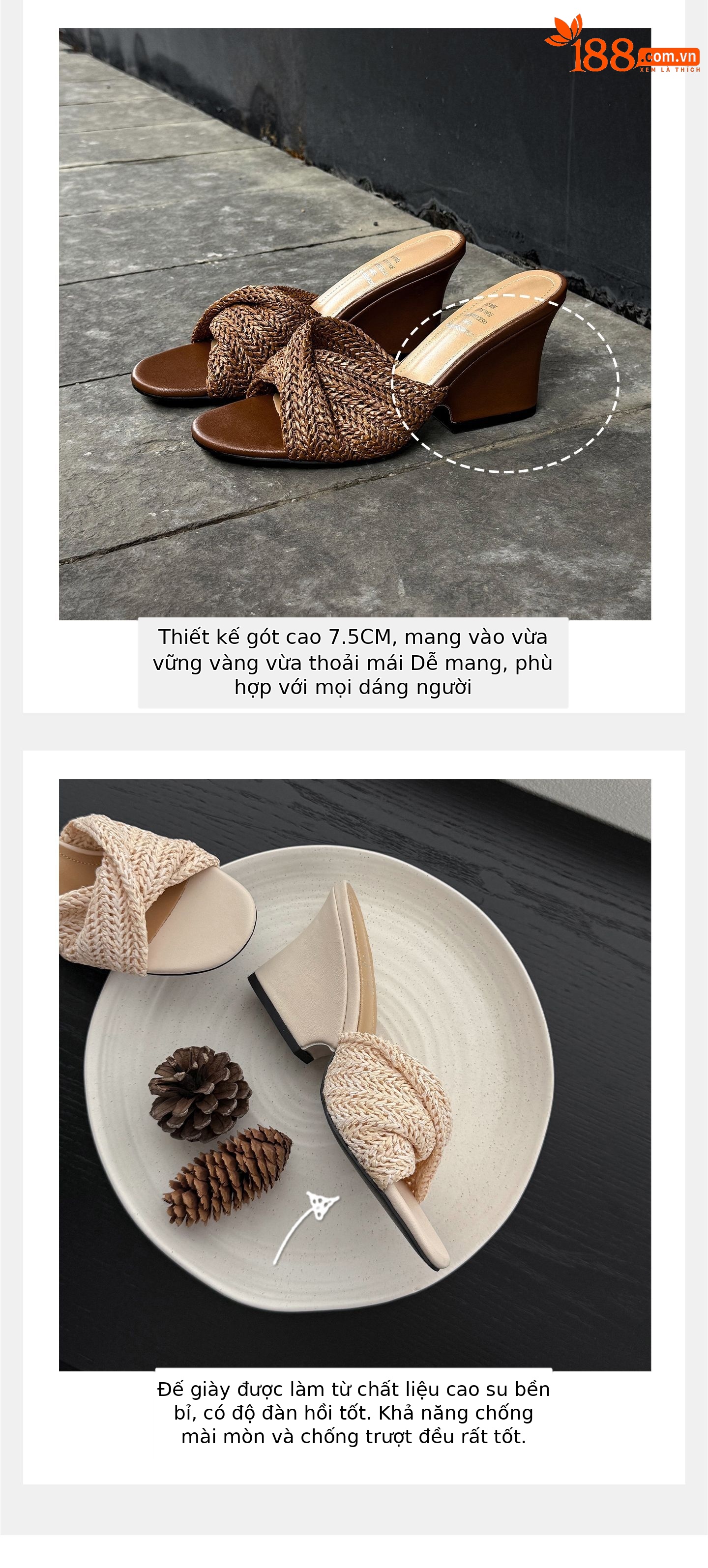 Dép sandal nữ xỏ ngón đế bệt phong cách Pháp, đan rơm, hở mũi, đi biển mùa hè — màu nâu, màu trắng ngà, xanh lá cây chi tiết 4