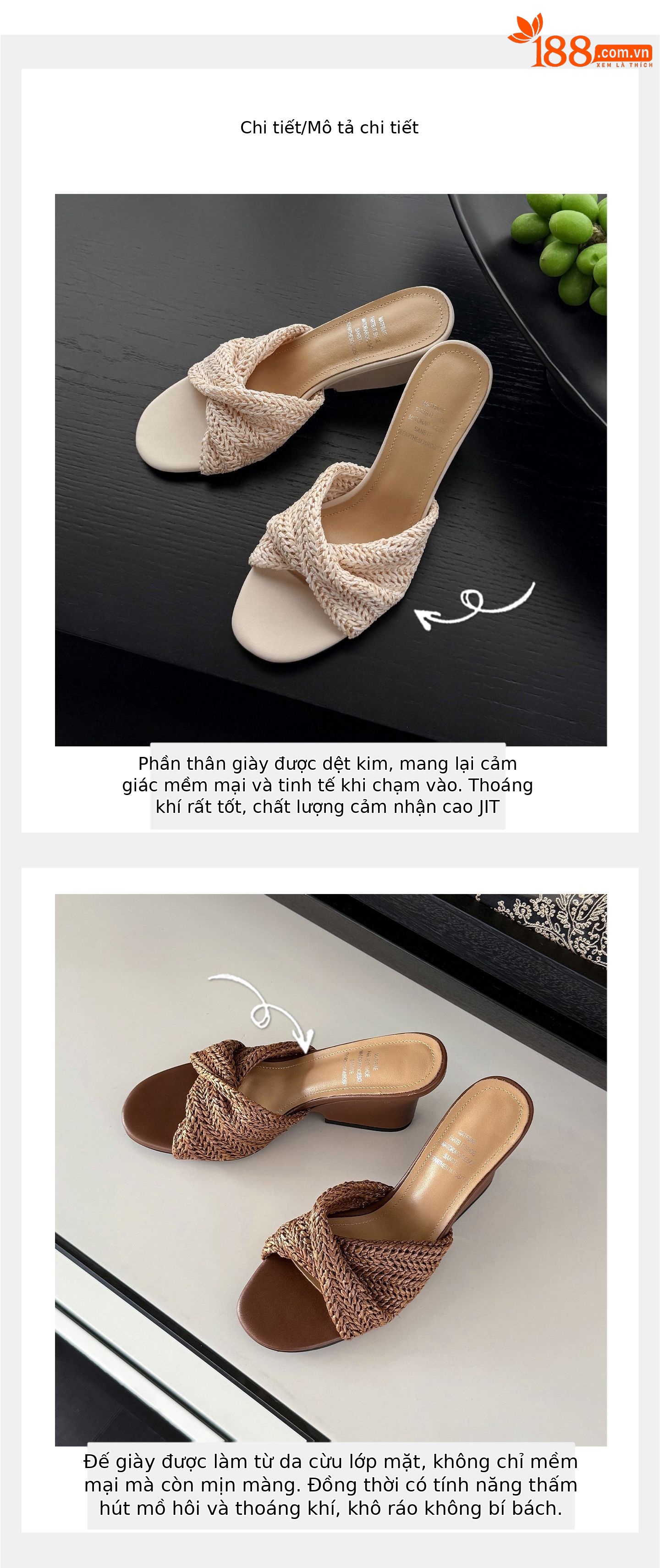 Dép sandal nữ xỏ ngón đế bệt phong cách Pháp, đan rơm, hở mũi, đi biển mùa hè — màu nâu, màu trắng ngà, xanh lá cây chi tiết 3