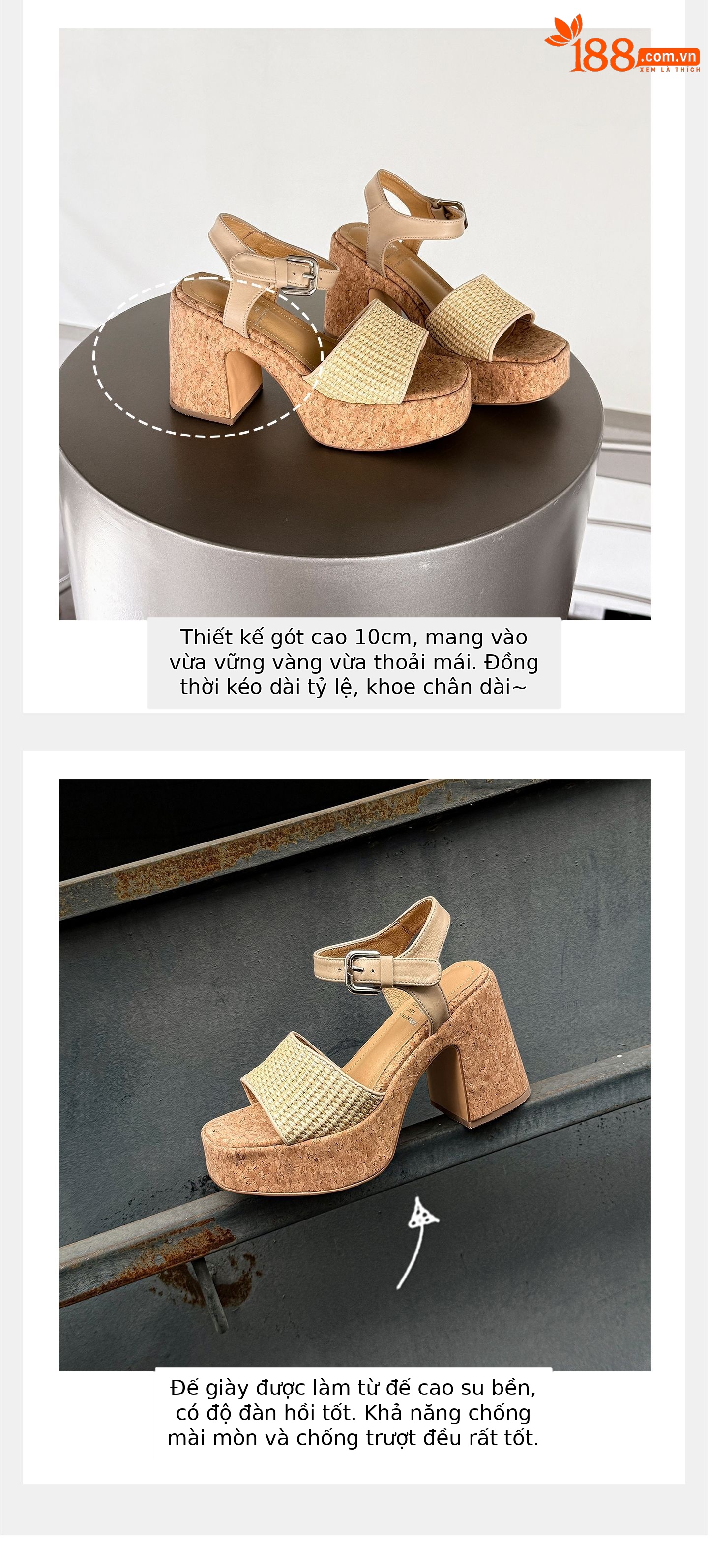 Sandal nữ quai ngang đan dây, đế dày, gót thô cao, hở mũi phong cách nghỉ dưỡng — màu trắng ngà, màu mơ chi tiết 4