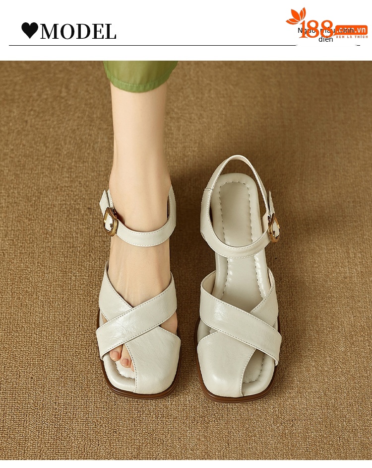 Sandal nữ da bò kiểu Pháp đế mềm thấp gót đi làm mùa hè — đen chi tiết 5