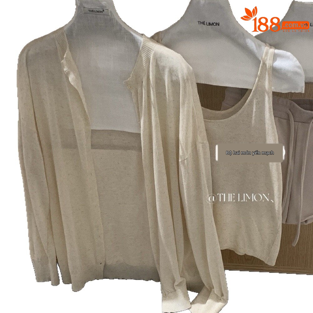 Bộ cardigan len phối áo hai dây nữ phong cách lười biếng mùa hè — yến mạch
