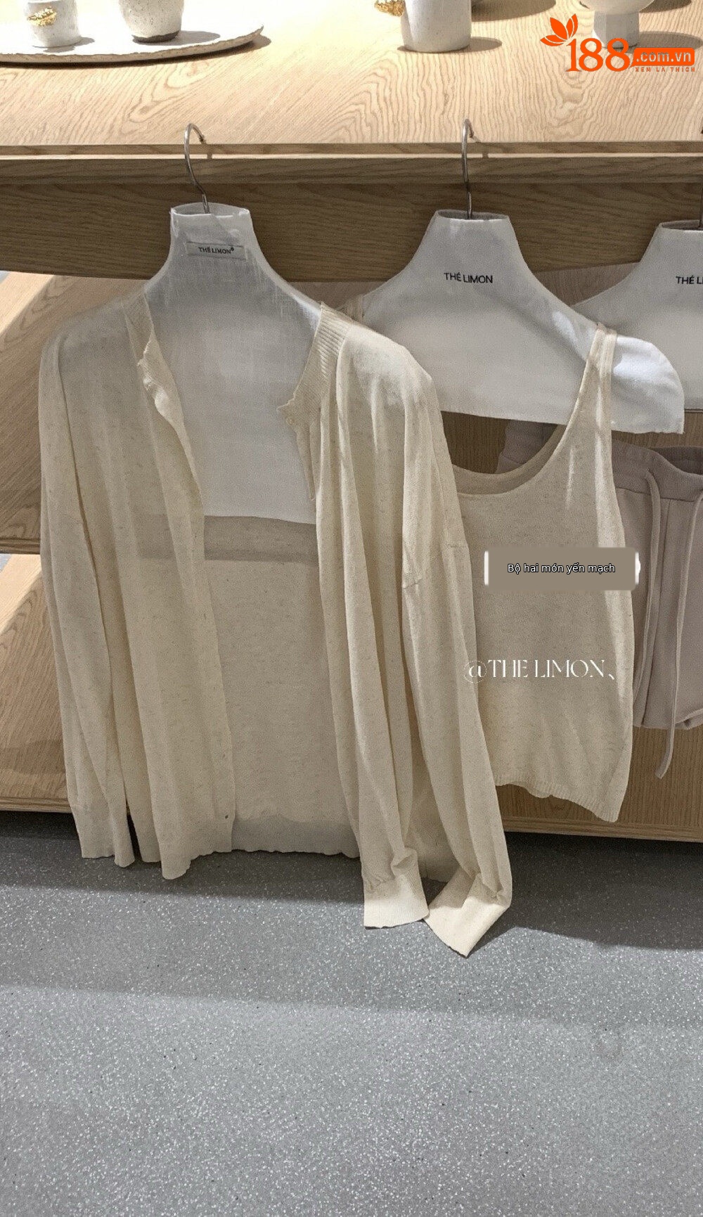Bộ cardigan len phối áo hai dây nữ phong cách lười biếng mùa hè — yến mạch chi tiết 2