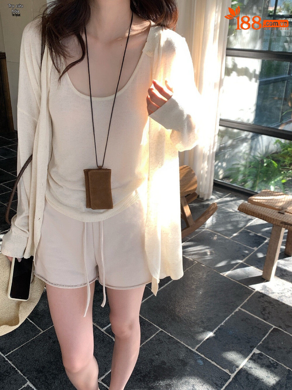 Bộ cardigan len phối áo hai dây nữ phong cách lười biếng mùa hè — yến mạch chi tiết 27