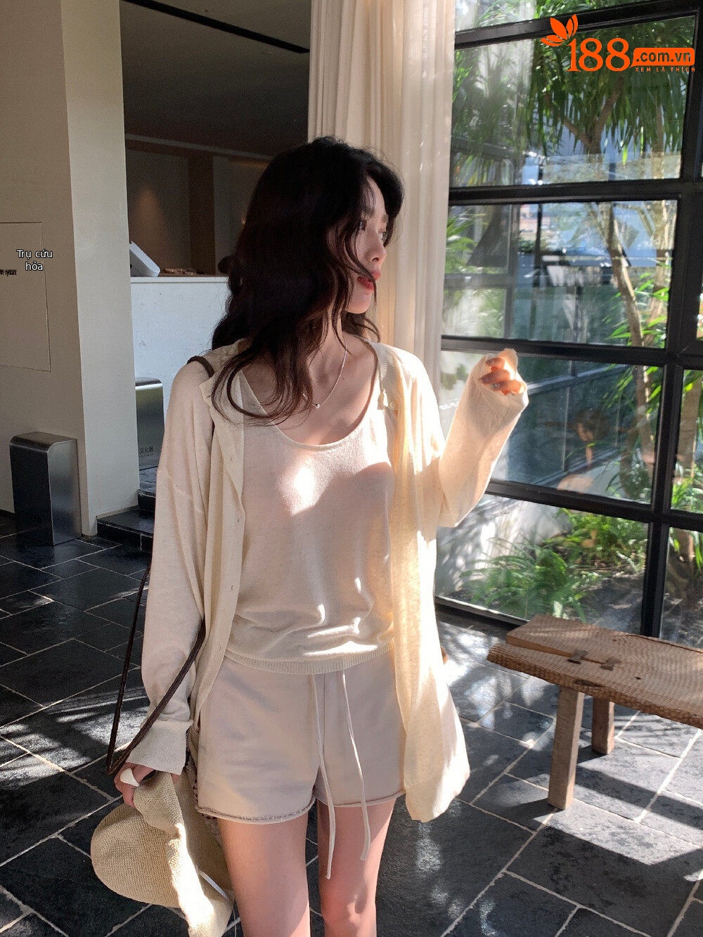 Bộ cardigan len phối áo hai dây nữ phong cách lười biếng mùa hè — yến mạch chi tiết 31