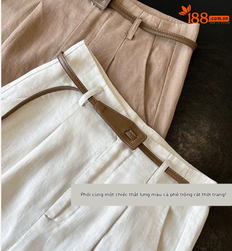 Quần culottes nữ ống rộng dáng suông chất liệu tơ tằm phối sợi lanh mùa hè — Màu sắc, màu kaki chi tiết 1