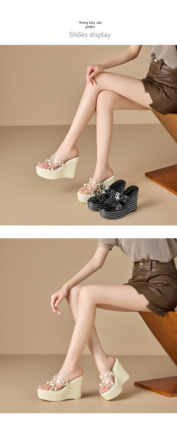Sandal cao gót nữ hở mũi đế xuồng 12 cm phối ngọc trai — [Trắng sữa], [Đen] chi tiết 2