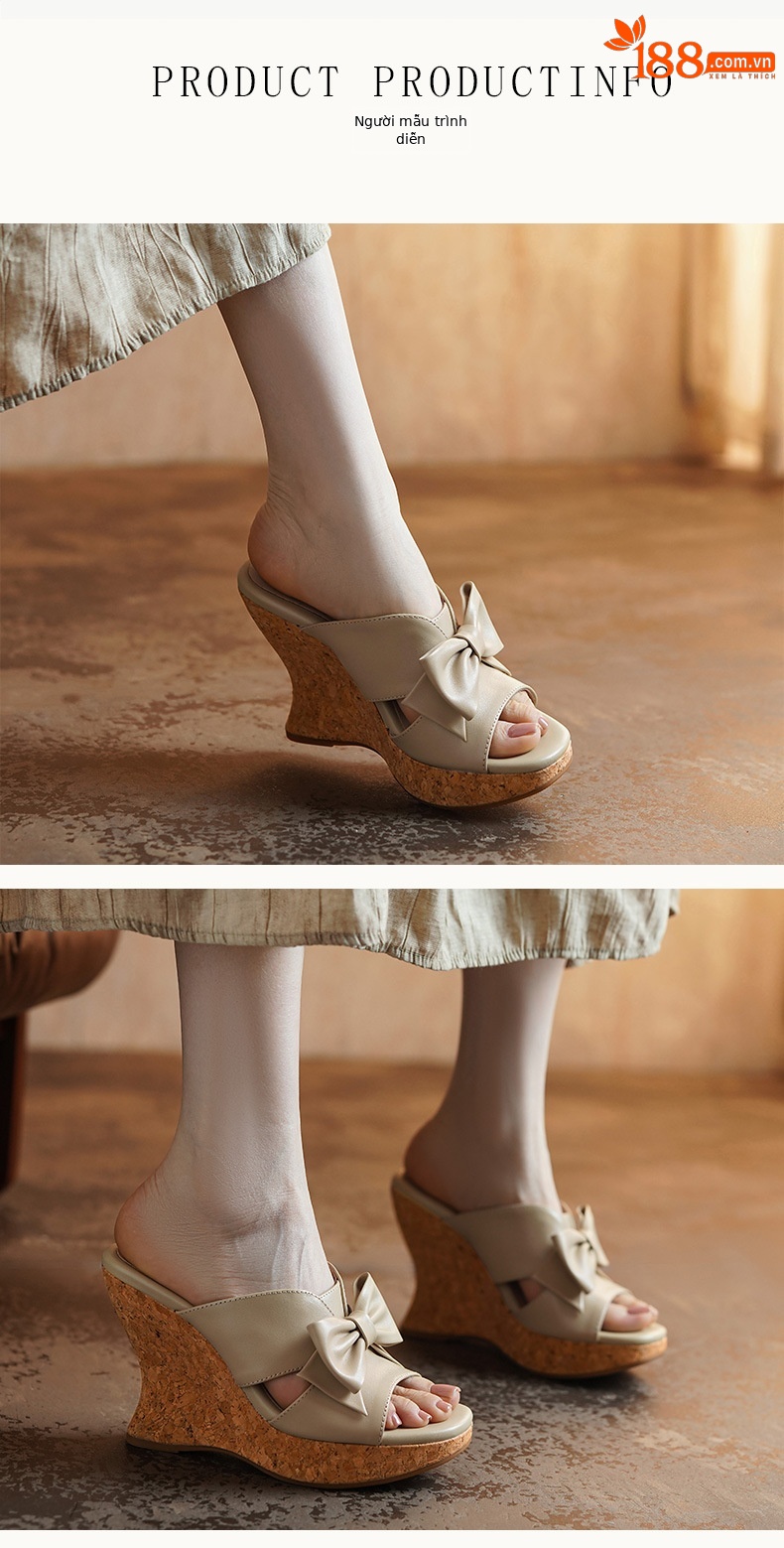 Sandal cao gót nữ hở mũi phong cách cổ điển nơ bướm đế xuồng — màu trắng ngà, màu mơ chi tiết 2