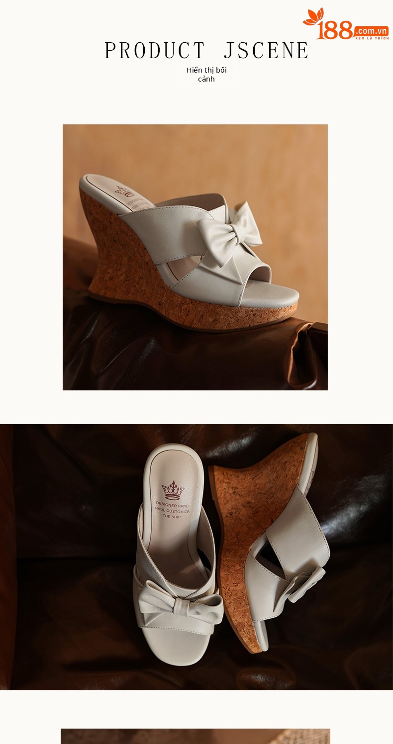 Sandal cao gót nữ hở mũi phong cách cổ điển nơ bướm đế xuồng — màu trắng ngà, màu mơ chi tiết 5