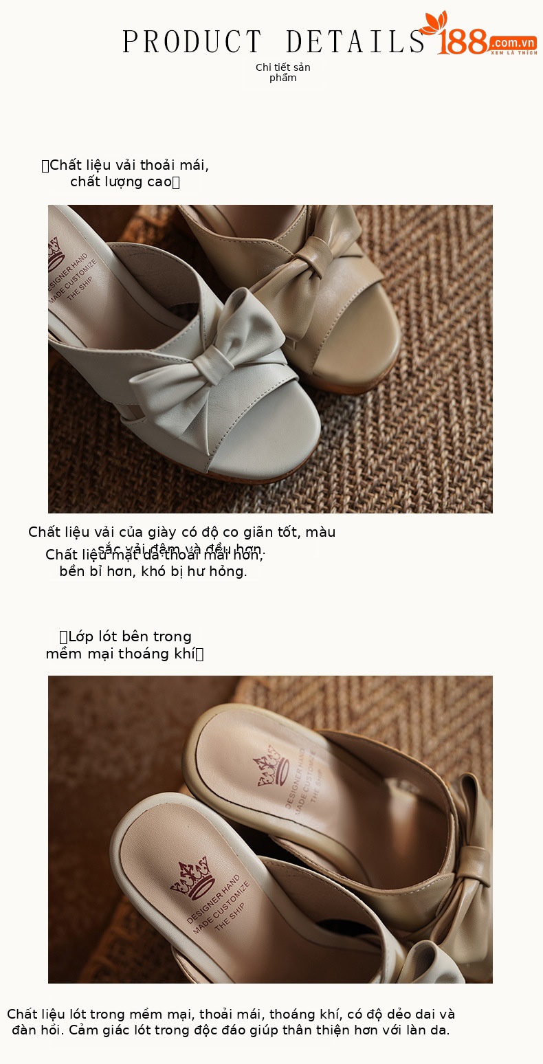 Sandal cao gót nữ hở mũi phong cách cổ điển nơ bướm đế xuồng — màu trắng ngà, màu mơ chi tiết 7