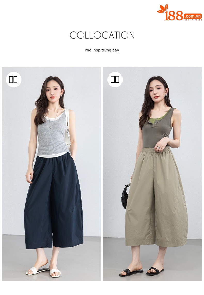 Quần culottes nữ ống rộng cạp thun chống nắng mùa hè dáng suông che mông đùi — màu xanh navy chi tiết 9
