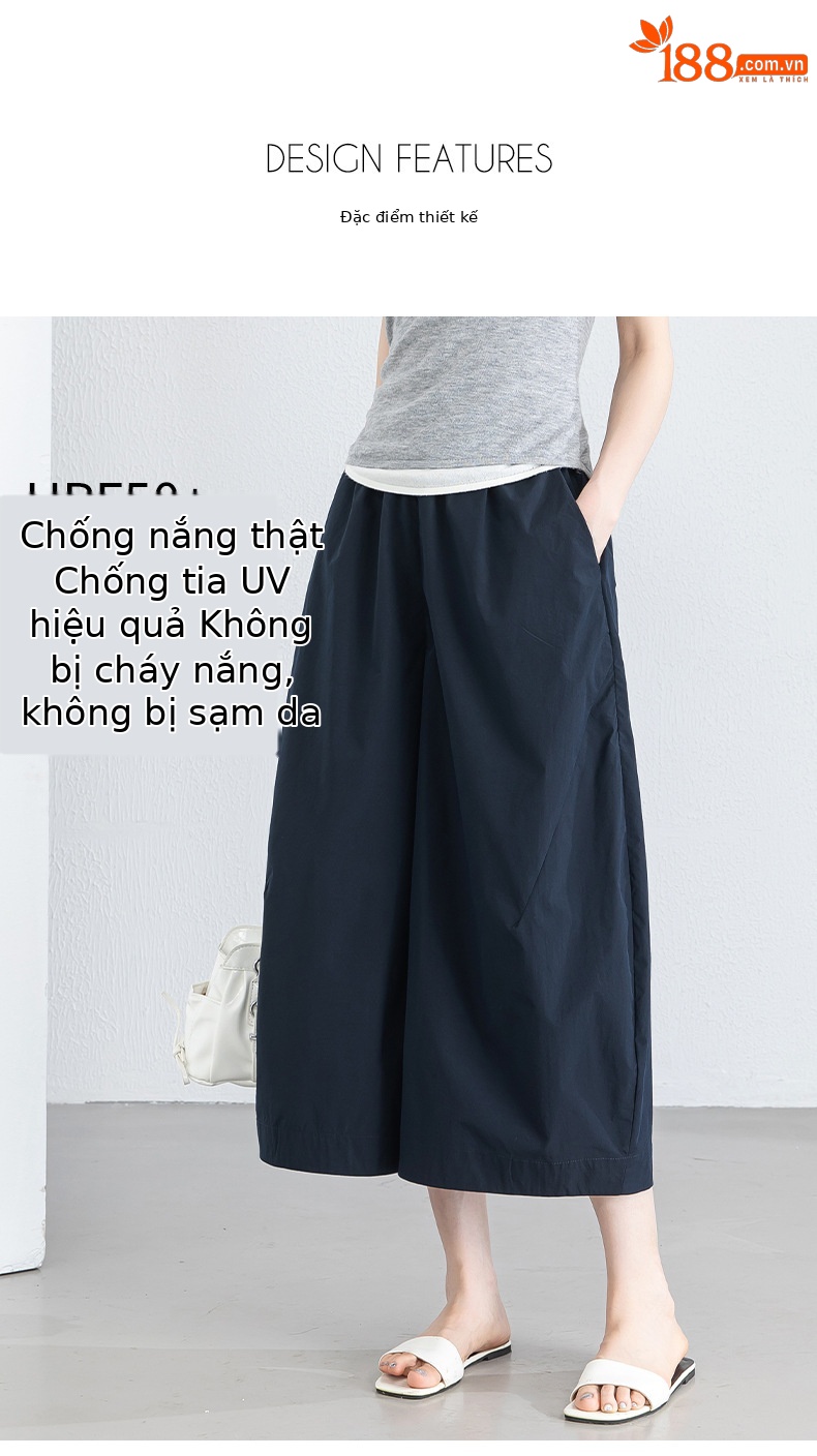 Quần culottes nữ ống rộng cạp thun chống nắng mùa hè dáng suông che mông đùi — màu xanh navy chi tiết 10