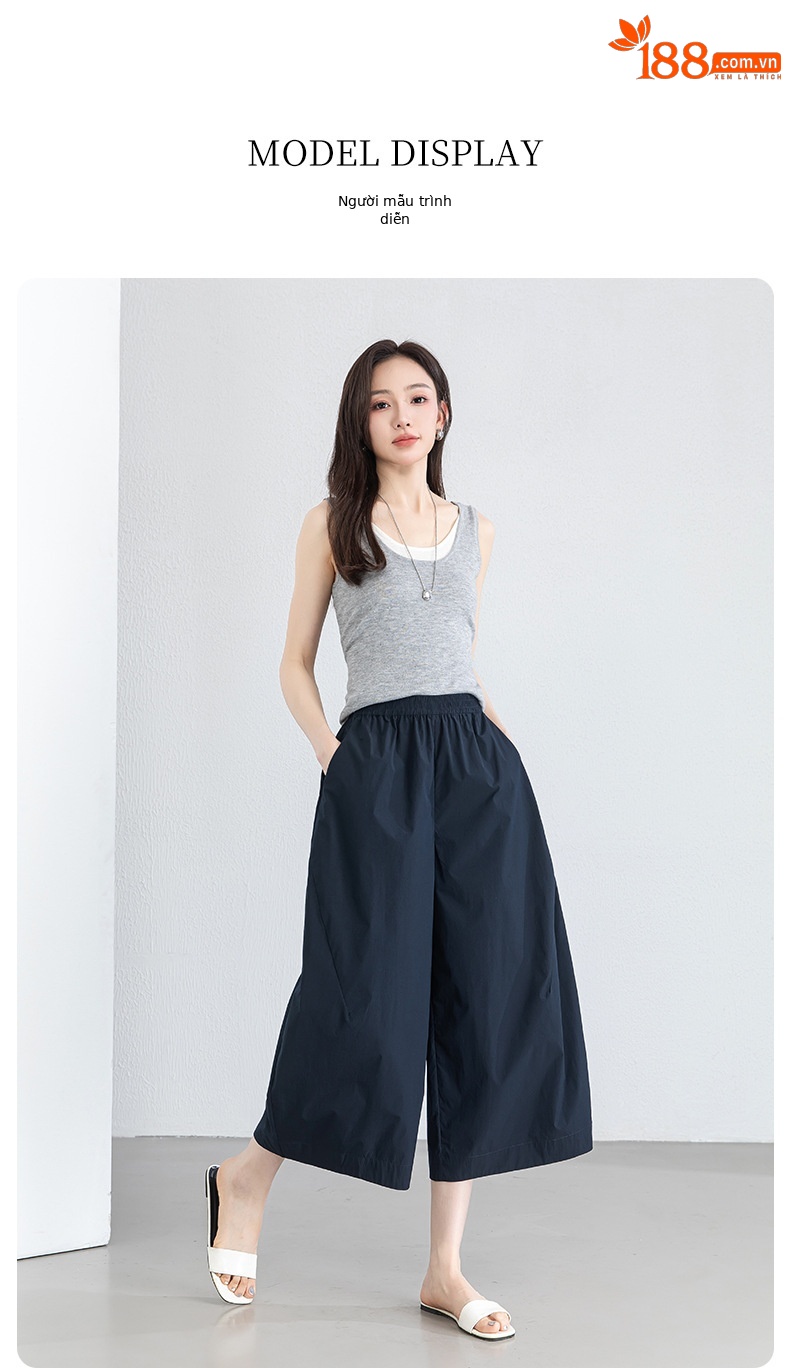 Quần culottes nữ ống rộng cạp thun chống nắng mùa hè dáng suông che mông đùi — màu xanh navy chi tiết 21