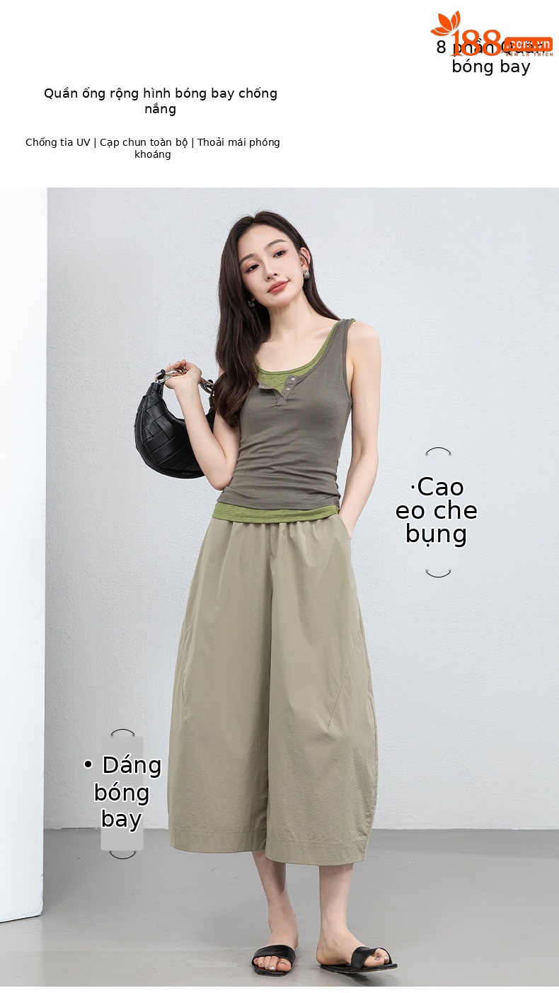Quần culottes nữ ống rộng cạp thun chống nắng mùa hè dáng suông che mông đùi — màu xanh navy chi tiết 1