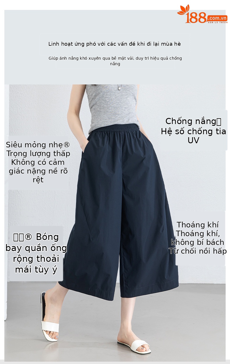 Quần culottes nữ ống rộng cạp thun chống nắng mùa hè dáng suông che mông đùi — màu xanh navy chi tiết 3