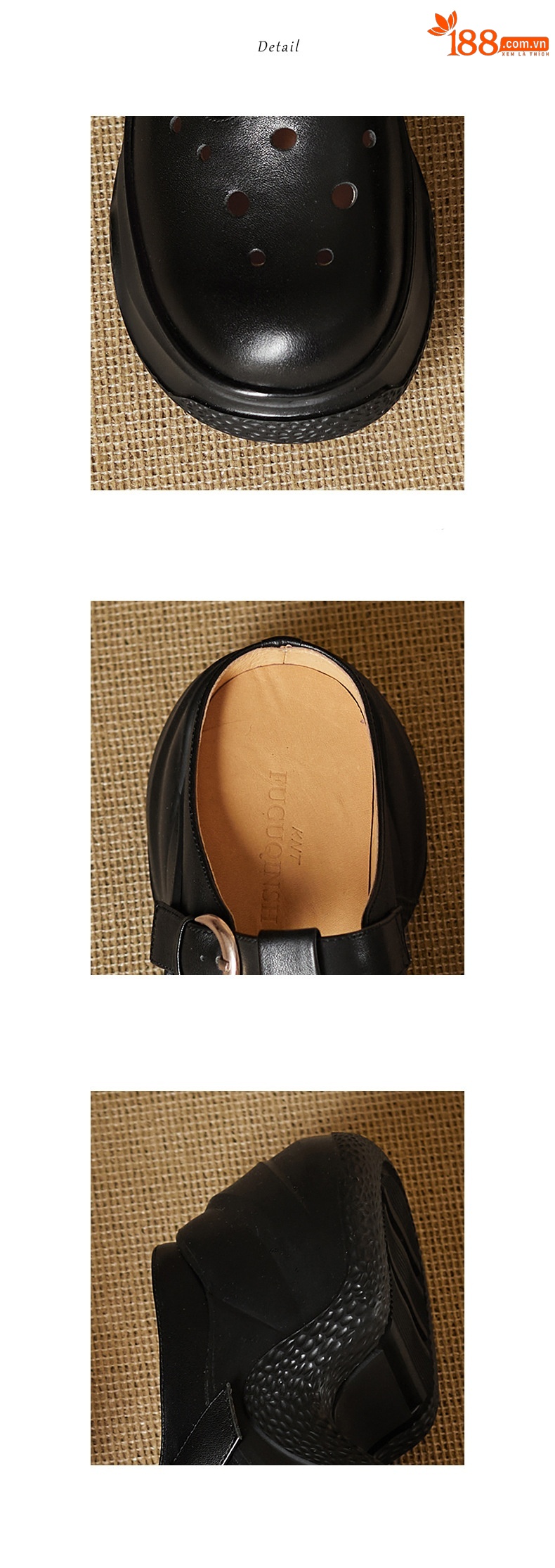 Dép sandal nữ đế bánh mì da bò mũi trùm quai chữ V — đen chi tiết 15