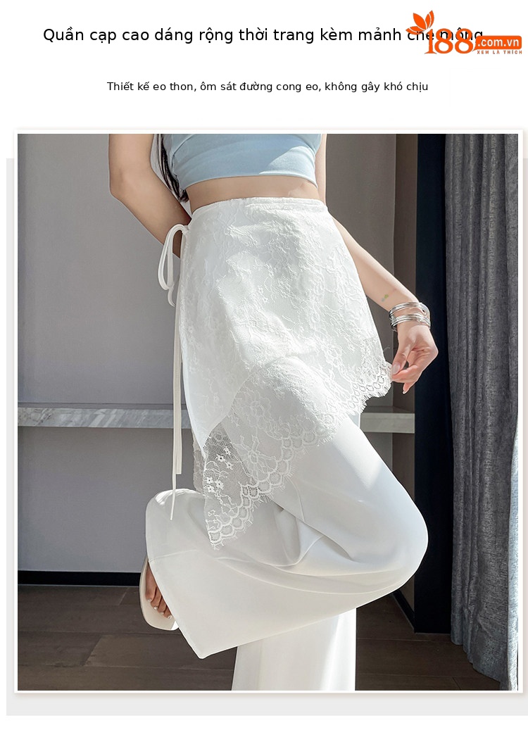 Quần culottes nữ ống rộng cạp cao ren eo phong cách Hàn Quốc — màu đen chi tiết 6