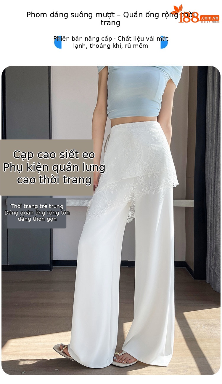 Quần culottes nữ ống rộng cạp cao ren eo phong cách Hàn Quốc — màu đen chi tiết 1
