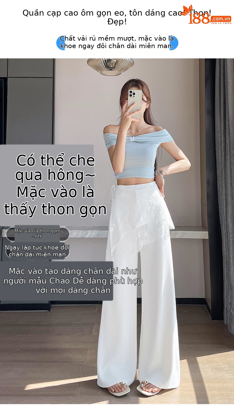 Quần culottes nữ ống rộng cạp cao ren eo phong cách Hàn Quốc — màu đen chi tiết 2