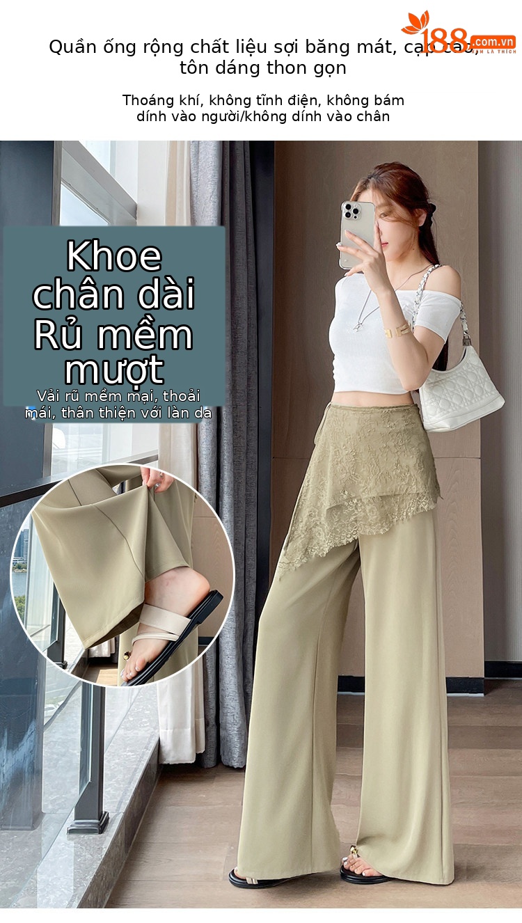 Quần culottes nữ ống rộng cạp cao ren eo phong cách Hàn Quốc — màu đen chi tiết 11
