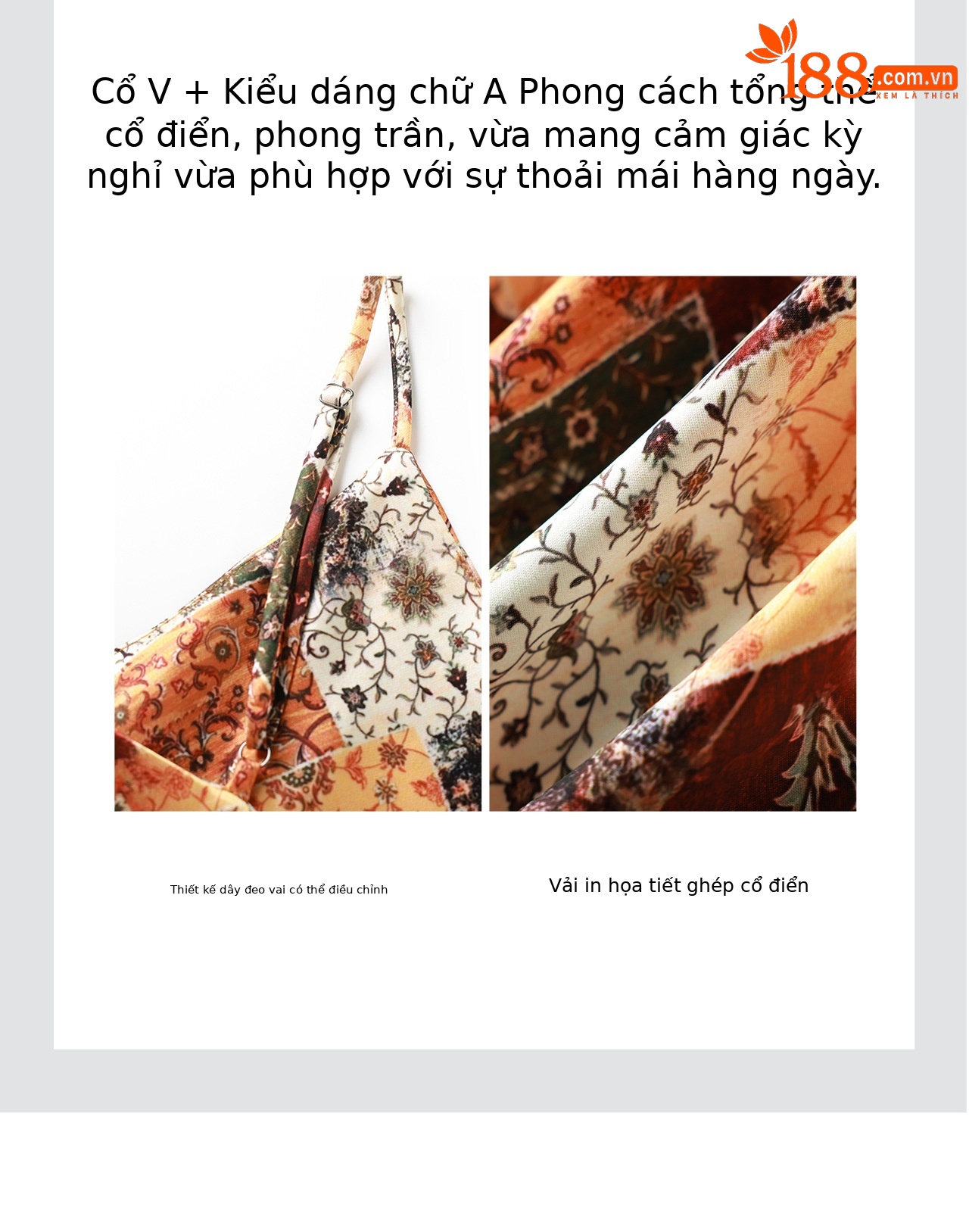 Đầm suông midi nữ chất liệu acetate satin in họa tiết hoa caramel, phong cách retro — Hoa caramel chi tiết 9