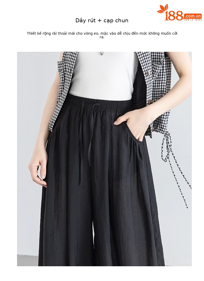 Quần culottes nữ ống rộng cạp chun co giãn, chất liệu Lyocell thoáng mát, dáng hoa tulip che khuyết điểm — màu đen chi tiết 6