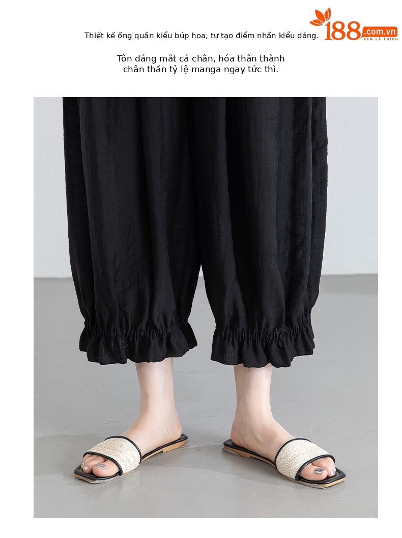 Quần culottes nữ ống rộng cạp chun co giãn, chất liệu Lyocell thoáng mát, dáng hoa tulip che khuyết điểm — màu đen chi tiết 7