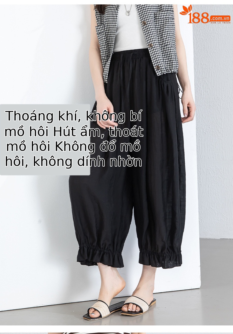Quần culottes nữ ống rộng cạp chun co giãn, chất liệu Lyocell thoáng mát, dáng hoa tulip che khuyết điểm — màu đen chi tiết 12