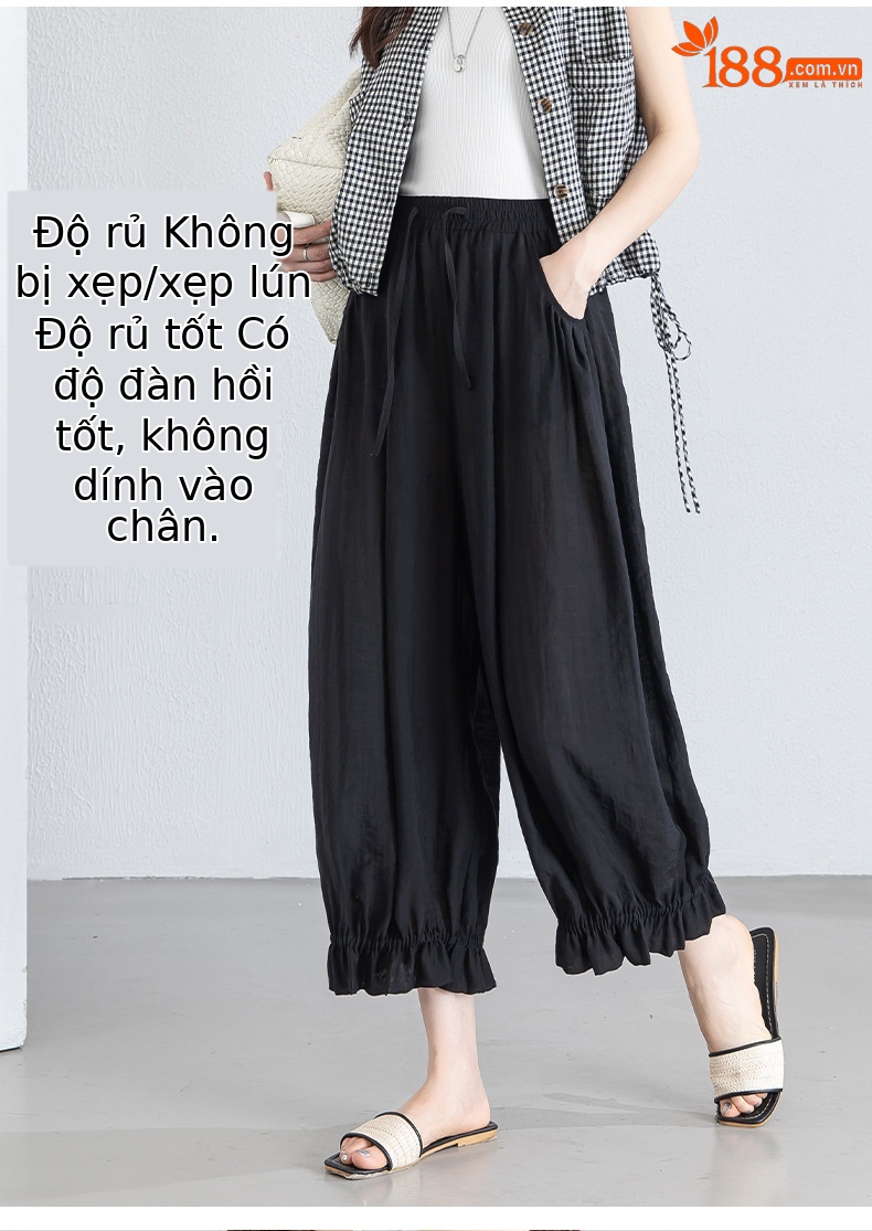Quần culottes nữ ống rộng cạp chun co giãn, chất liệu Lyocell thoáng mát, dáng hoa tulip che khuyết điểm — màu đen chi tiết 16