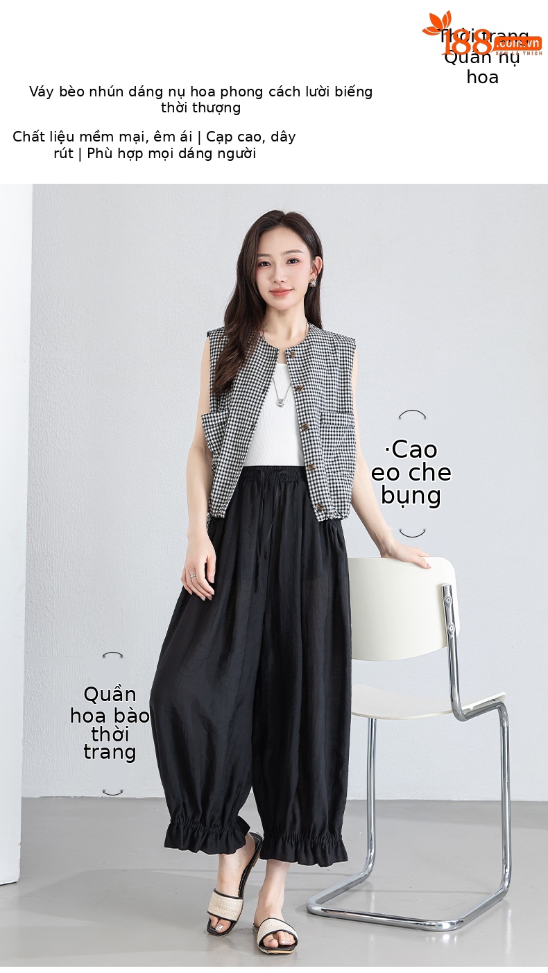 Quần culottes nữ ống rộng cạp chun co giãn, chất liệu Lyocell thoáng mát, dáng hoa tulip che khuyết điểm — màu đen chi tiết 1