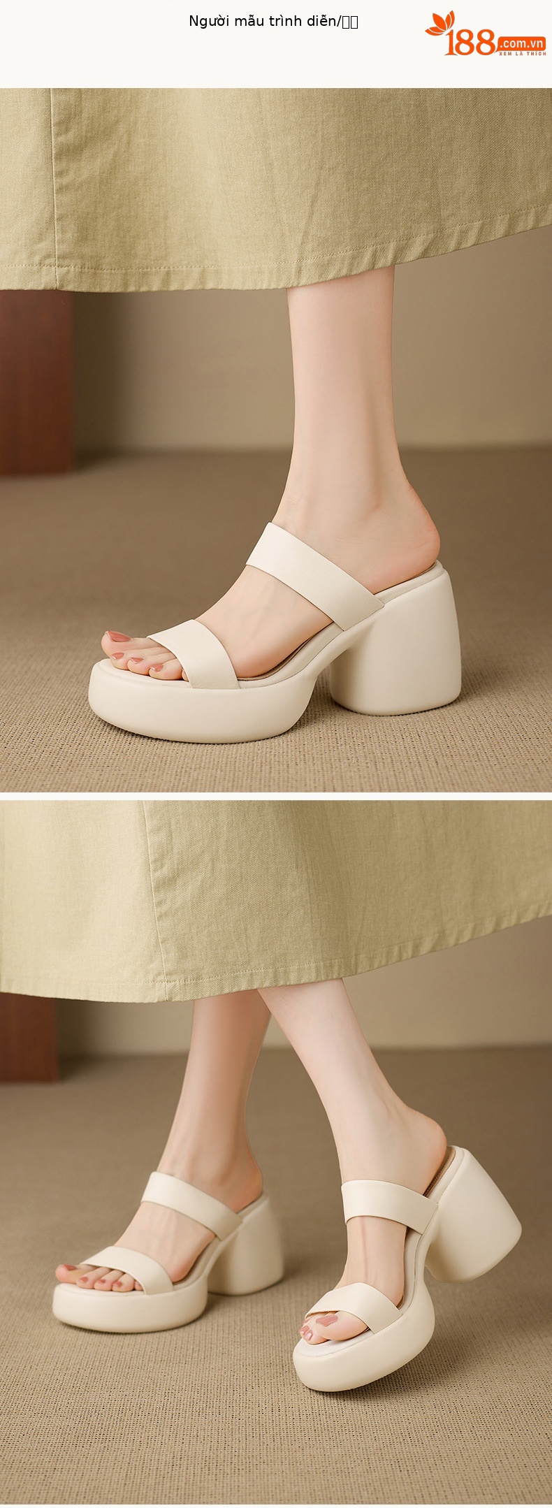 Sandal cao gót nữ quai ngang hở mũi đế xuồng gót vuông 9 cm — màu nâu, màu đen, màu trắng ngà chi tiết 4