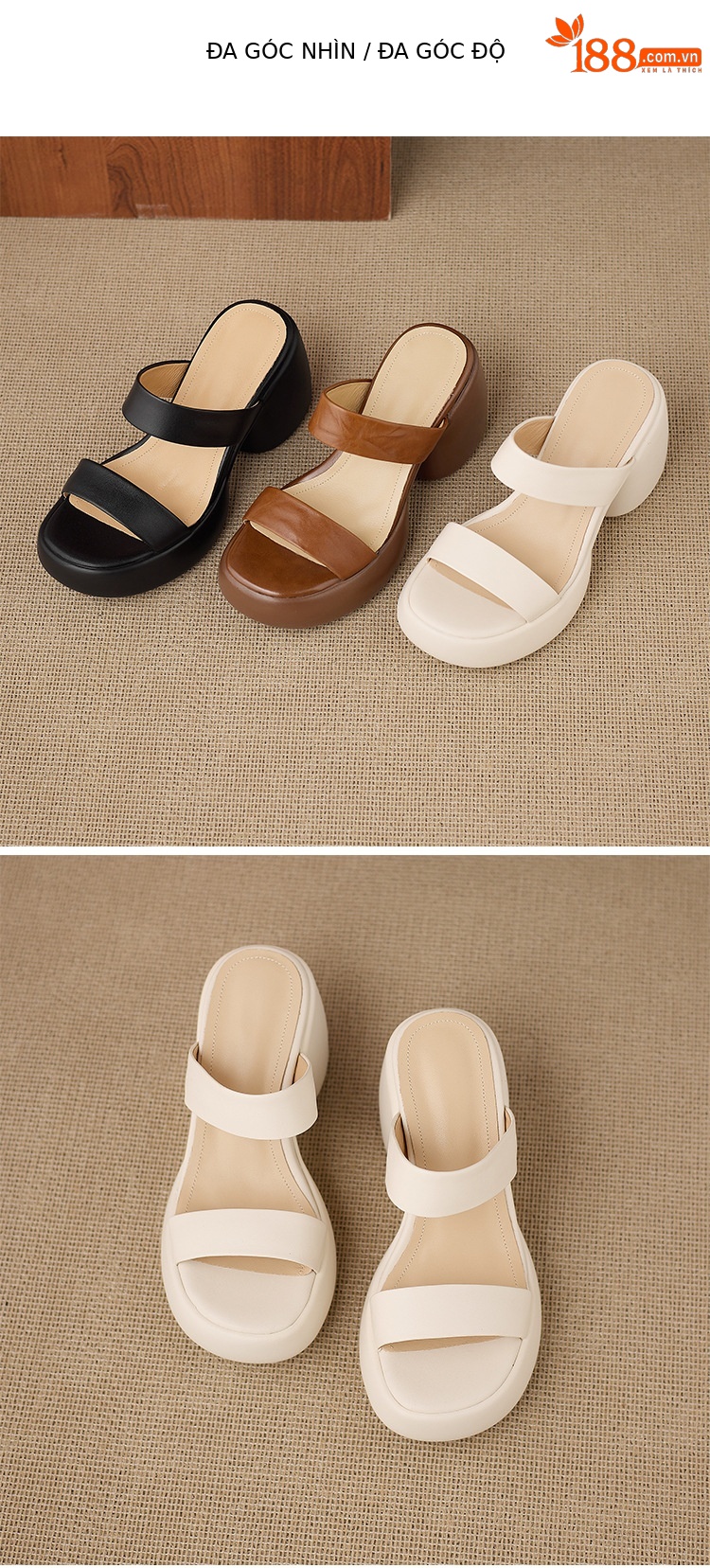 Sandal cao gót nữ quai ngang hở mũi đế xuồng gót vuông 9 cm — màu nâu, màu đen, màu trắng ngà chi tiết 12