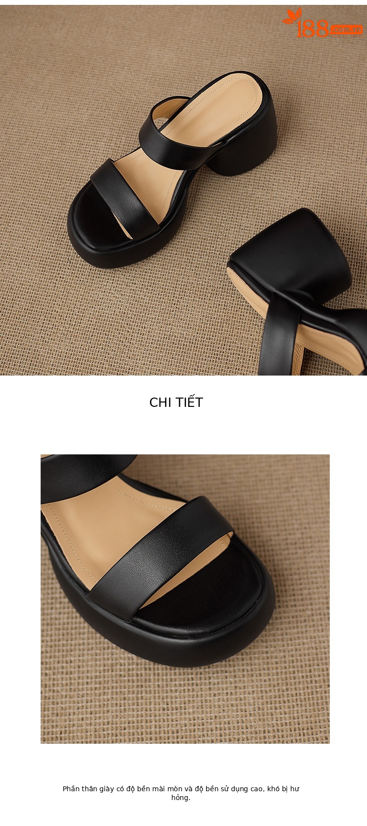 Sandal cao gót nữ quai ngang hở mũi đế xuồng gót vuông 9 cm — màu nâu, màu đen, màu trắng ngà chi tiết 15