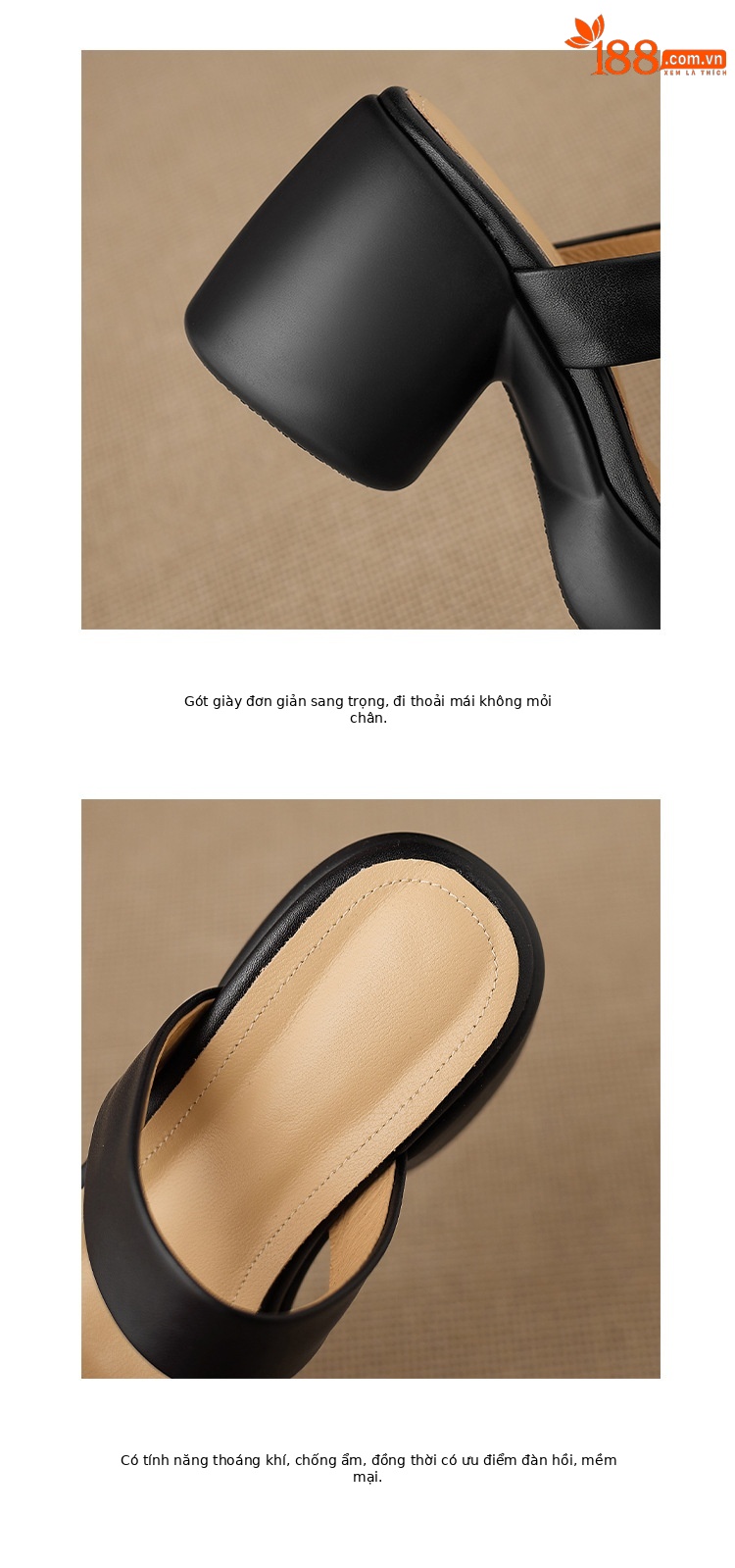 Sandal cao gót nữ quai ngang hở mũi đế xuồng gót vuông 9 cm — màu nâu, màu đen, màu trắng ngà chi tiết 17