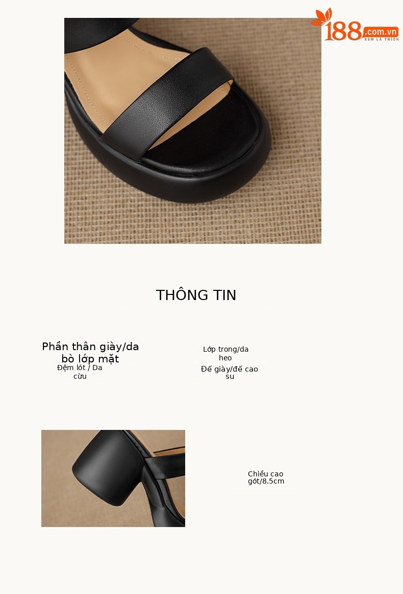 Sandal cao gót nữ quai ngang hở mũi đế xuồng gót vuông 9 cm — màu nâu, màu đen, màu trắng ngà chi tiết 2