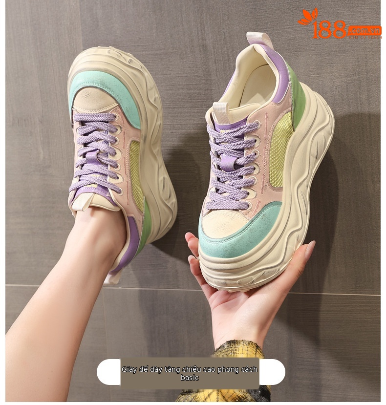 Giày thể thao nữ đế dày tăng chiều cao sneaker trắng cổ thấp — Xám trắng chi tiết 1